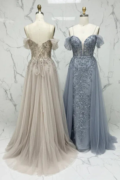 Ethereal A-Line Sweetheart Neck Sleeveless Beaded Champagne Maxi Prom Dress for Women Ready to Ship