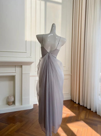 Ethereal A-Line V-Neck Sleeveless Draped Lilac Maxi Prom Dress for Women Ready to Ship