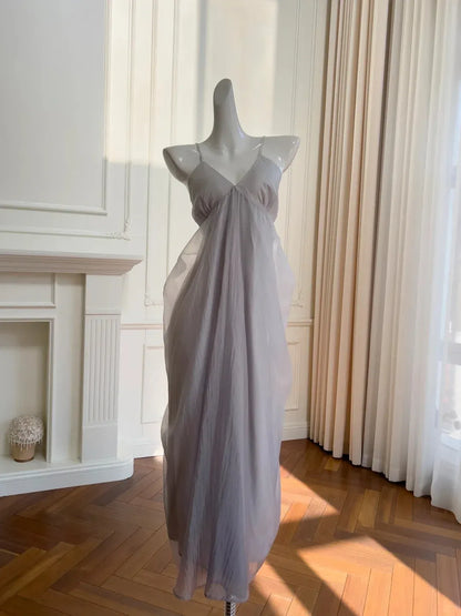 Ethereal A-Line V-Neck Sleeveless Draped Lilac Maxi Prom Dress for Women Ready to Ship