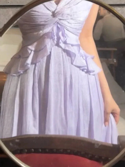 Ethereal A-Line V-Neck Sleeveless Ruffled Lavender Long Prom Dress for Women Ready to Ship