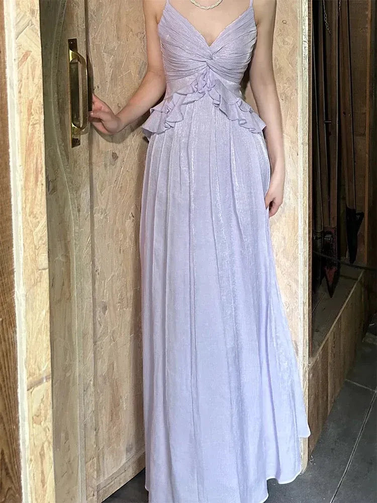 Ethereal A-Line V-Neck Sleeveless Ruffled Lavender Long Prom Dress for Women Ready to Ship