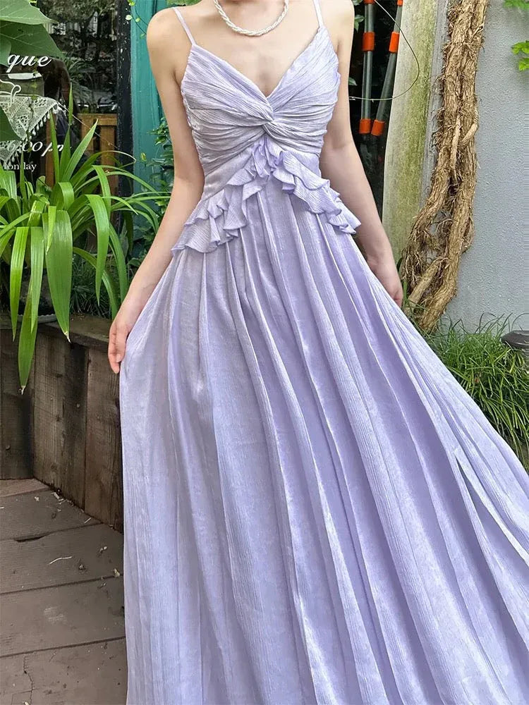 Ethereal A-Line V-Neck Sleeveless Ruffled Lavender Long Prom Dress for Women Ready to Ship