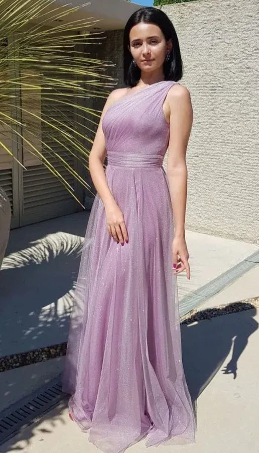Ethereal A-line One-Shoulder Sleeveless Glitter Lavender Maxi Prom Dress for Women Custom