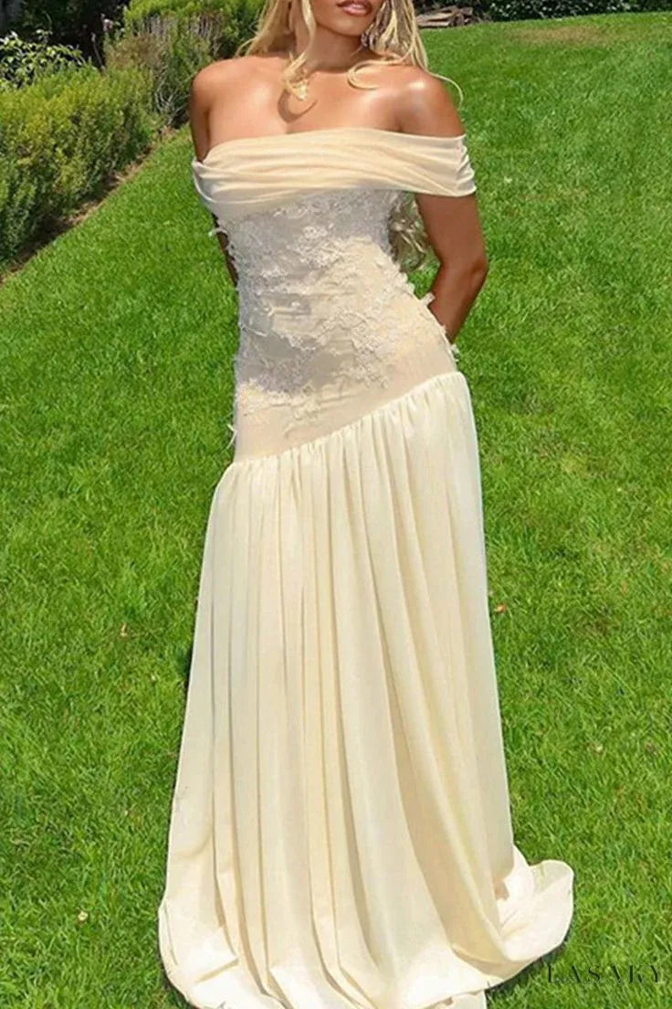 Ethereal Asymmetrical Off Shoulder Sleeveless Lace Beige Floor-Length Prom Dress For Women Custom