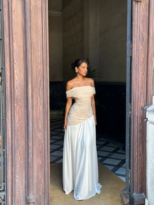 Ethereal Asymmetrical Off Shoulder Sleeveless Lace Beige Floor-Length Prom Dress For Women Custom