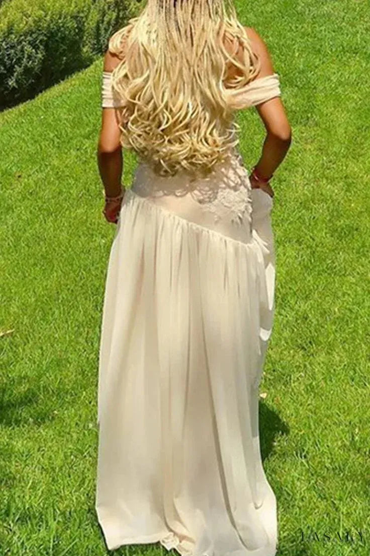 Ethereal Asymmetrical Off Shoulder Sleeveless Lace Beige Floor-Length Prom Dress For Women Custom