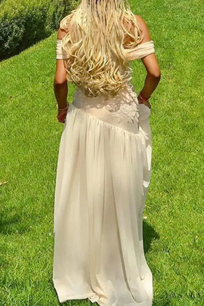 Ethereal Asymmetrical Off Shoulder Sleeveless Lace Beige Floor-Length Prom Dress For Women Custom