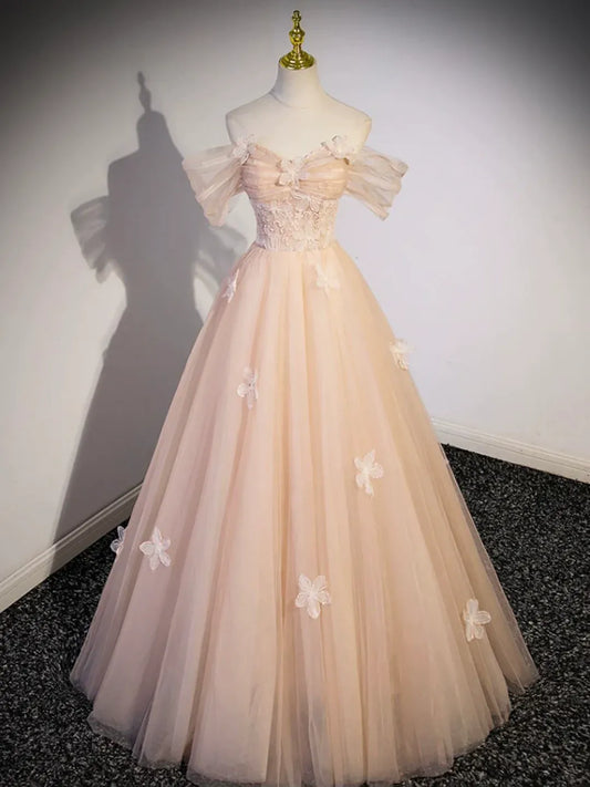 Ethereal Ballgown Off-Shoulder Tulle Floral-Accent Blush Maxi Evening Dress for Women
