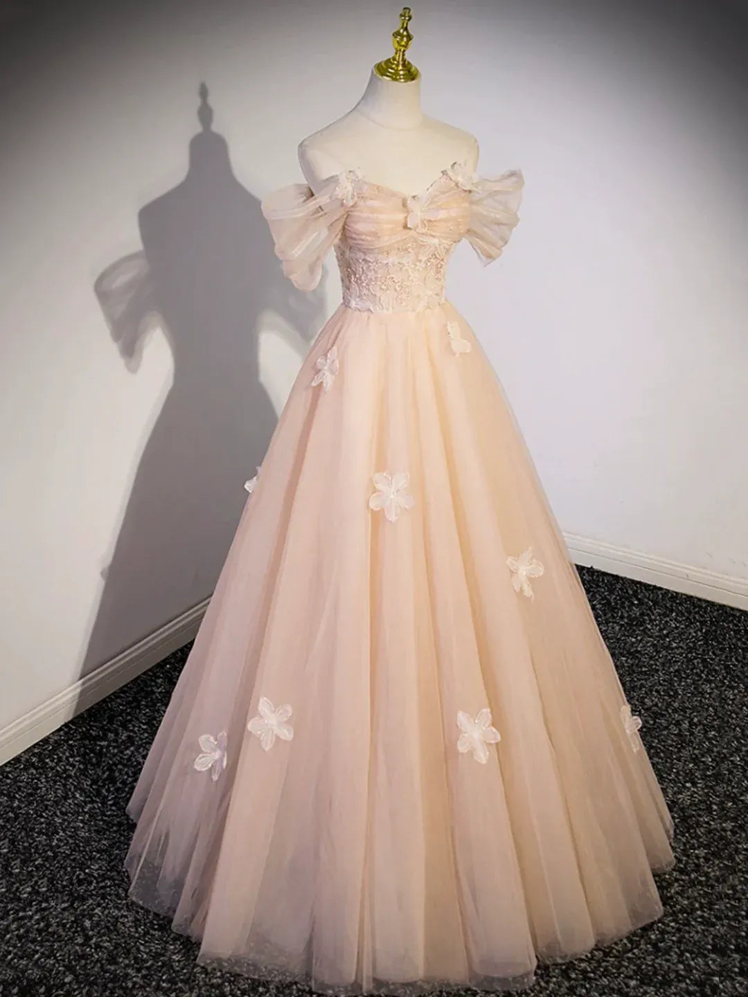 Ethereal Ballgown Off-Shoulder Tulle Floral-Accent Blush Maxi Evening Dress for Women