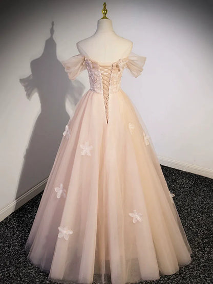 Ethereal Ballgown Off-Shoulder Tulle Floral-Accent Blush Maxi Evening Dress for Women