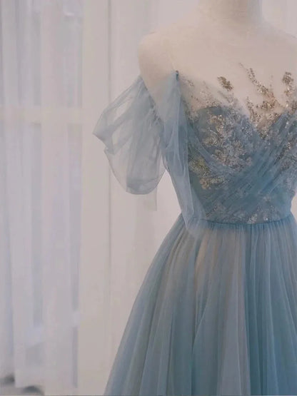 Ethereal Ballgown Off-the-shoulder Short-sleeve Beaded Dusty Blue Train Prom Dress for Women Ready to Ship