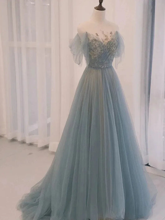 Ethereal Ballgown Off-the-shoulder Short-sleeve Beaded Dusty Blue Train Prom Dress for Women Ready to Ship