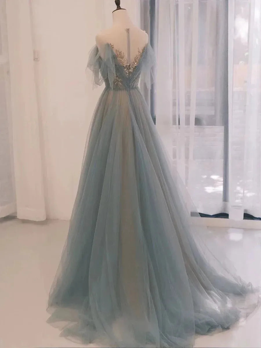 Ethereal Ballgown Off-the-shoulder Short-sleeve Beaded Dusty Blue Train Prom Dress for Women Ready to Ship