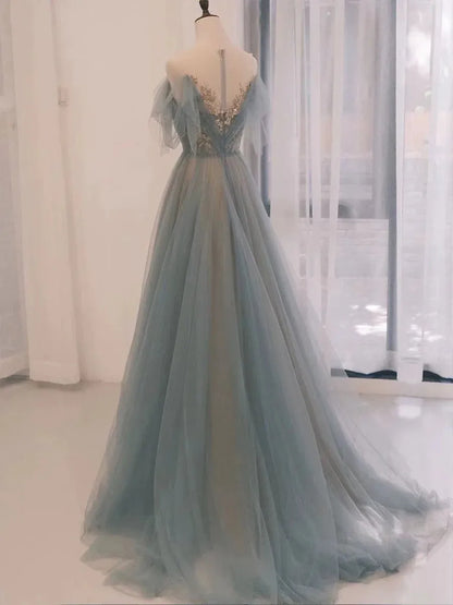 Ethereal Ballgown Off-the-shoulder Short-sleeve Beaded Dusty Blue Train Prom Dress for Women Ready to Ship