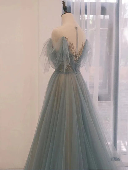 Ethereal Ballgown Off-the-shoulder Short-sleeve Beaded Dusty Blue Train Prom Dress for Women Ready to Ship