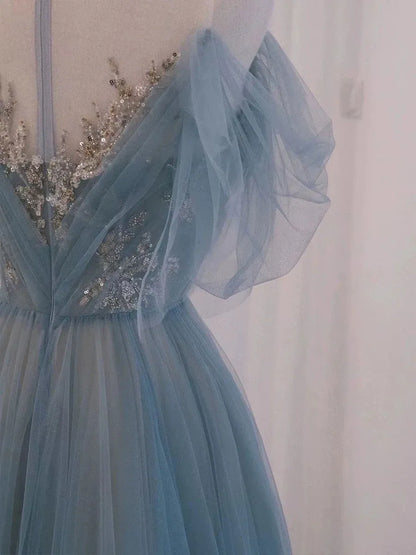 Ethereal Ballgown Off-the-shoulder Short-sleeve Beaded Dusty Blue Train Prom Dress for Women Ready to Ship