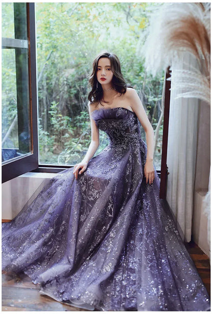 Ethereal Ballgown Strapless Sleeveless Sequin-Accented Purple Maxi Prom Dress for Women Custom