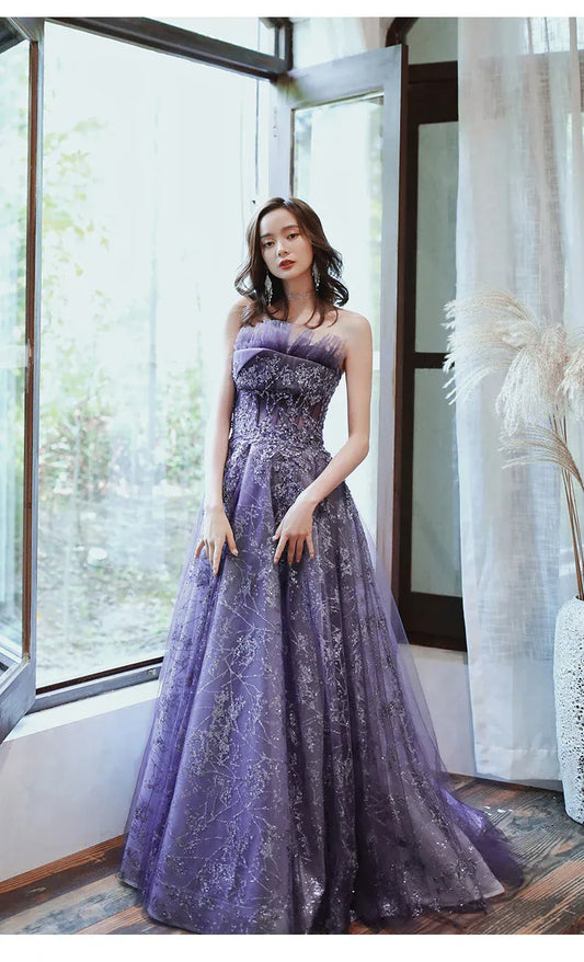 Ethereal Ballgown Strapless Sleeveless Sequin-Accented Purple Maxi Prom Dress for Women Custom
