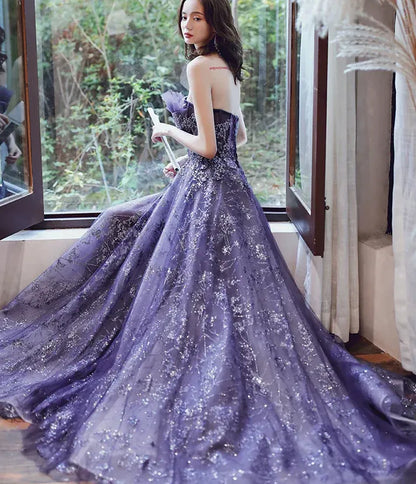 Ethereal Ballgown Strapless Sleeveless Sequin-Accented Purple Maxi Prom Dress for Women Custom