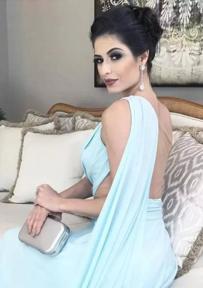 Ethereal Chiffon Floor-Length Evening Dress Light Blue One-Shoulder Cape-Sleeve Women
