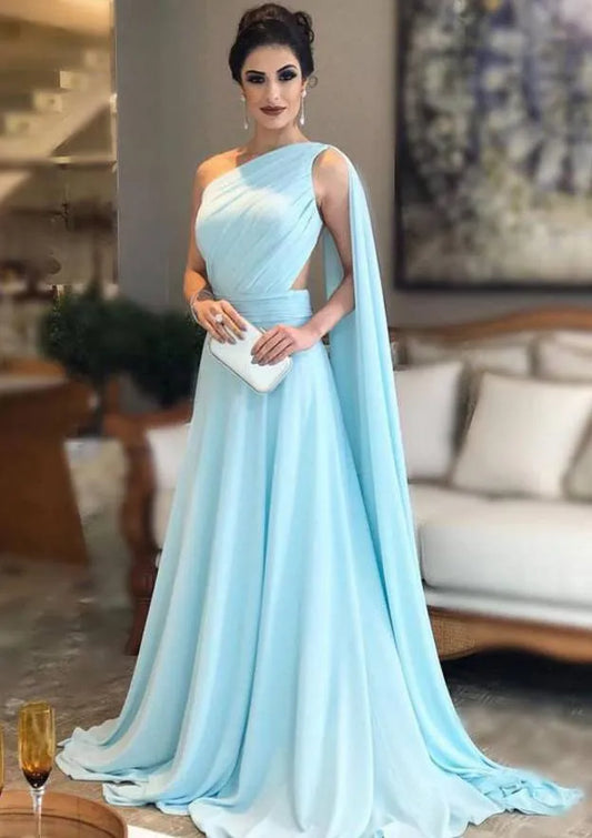 Ethereal Chiffon Floor-Length Evening Dress Light Blue One-Shoulder Cape-Sleeve Women