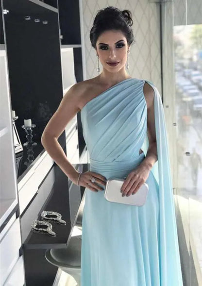 Ethereal Chiffon Floor-Length Evening Dress Light Blue One-Shoulder Cape-Sleeve Women