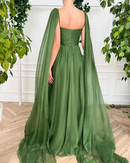 Ethereal Chiffon Long Evening Dress Olive Green Deep V-Neck Cape Sleeve for Women