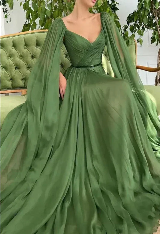 Ethereal Chiffon Long Evening Dress Olive Green Deep V-Neck Cape Sleeve for Women