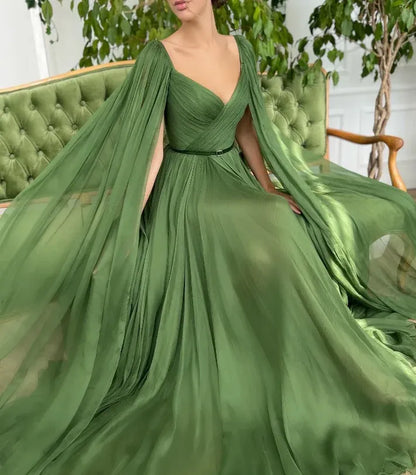 Ethereal Chiffon Long Evening Dress Olive Green Deep V-Neck Cape Sleeve for Women