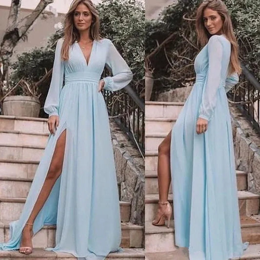 Ethereal Chiffon Maxi Evening Dress Light Blue Deep V-Long Sleeve Formal Women