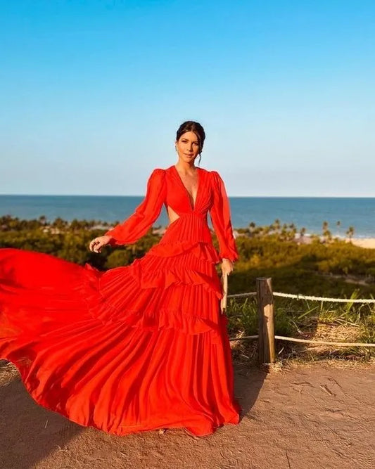 Ethereal Chiffon Maxi Evening Dress Red Deep V Long-Sleeve for Women