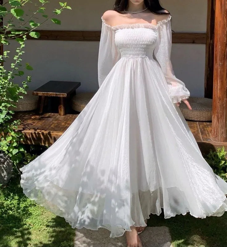 Ethereal Maxi Evening Dress White Off-Shoulder Sheer Long Sleeves for Women