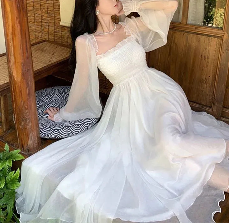 Ethereal Maxi Evening Dress White Off-Shoulder Sheer Long Sleeves for Women
