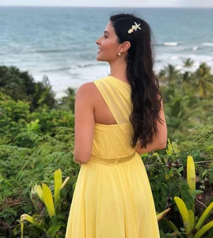 Ethereal Chiffon Maxi Evening Dress Yellow One-Shoulder Sleeveless Formal Women