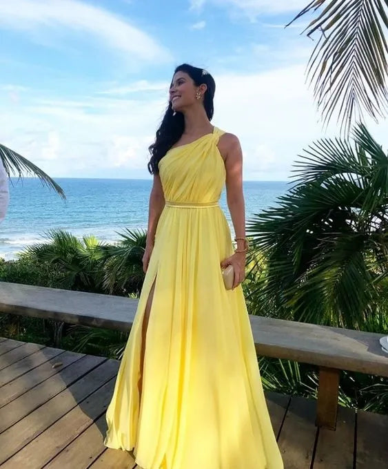 Ethereal Chiffon Maxi Evening Dress Yellow One-Shoulder Sleeveless Formal Women