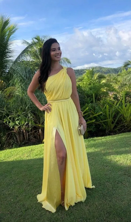 Ethereal Chiffon Maxi Evening Dress Yellow One-Shoulder Sleeveless Formal Women