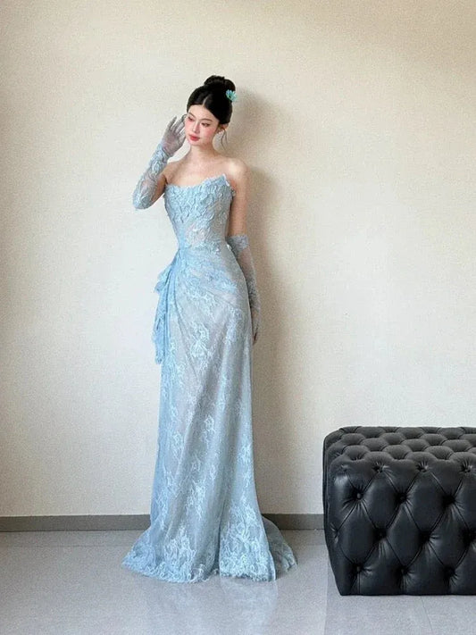 Ethereal Fitted Strapless Sleeveless Lace Light Blue Maxi Prom Dress for Women For Sale