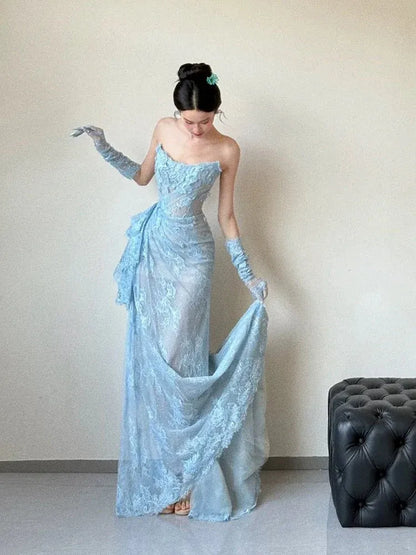 Ethereal Fitted Strapless Sleeveless Lace Light Blue Maxi Prom Dress for Women For Sale