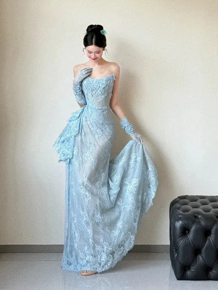 Ethereal Fitted Strapless Sleeveless Lace Light Blue Maxi Prom Dress for Women For Sale