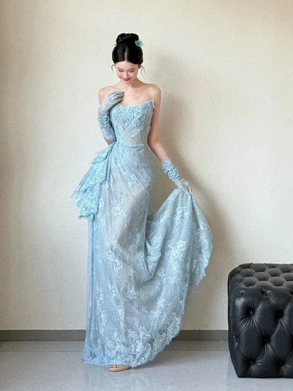 Ethereal Fitted Strapless Sleeveless Lace Light Blue Maxi Prom Dress for Women For Sale