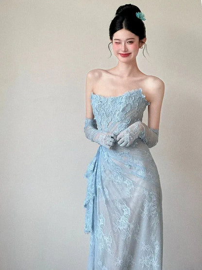 Ethereal Fitted Strapless Sleeveless Lace Light Blue Maxi Prom Dress for Women For Sale