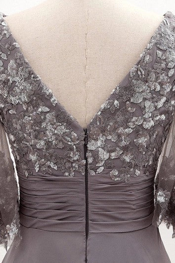 Ethereal Floor-length Half Sleeve Chiffon A Line Zipper Prom Dress With Sequins Mother Dress