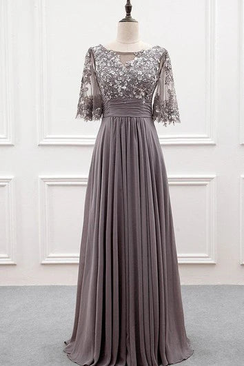Ethereal Floor-length Half Sleeve Chiffon A Line Zipper Prom Dress With Sequins Mother Dress
