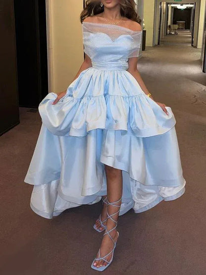 Ethereal High-Low Off-Shoulder Ruffled Satin Sky-Blue Evening Dress for Women
