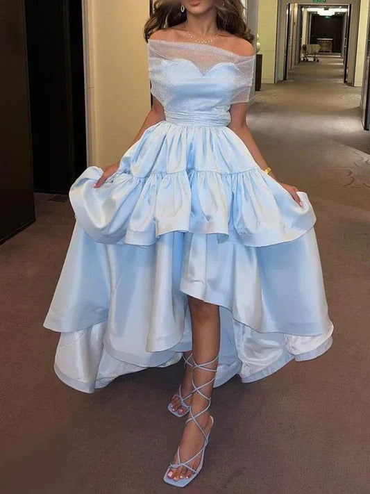Ethereal High-Low Off-Shoulder Ruffled Satin Sky-Blue Evening Dress for Women
