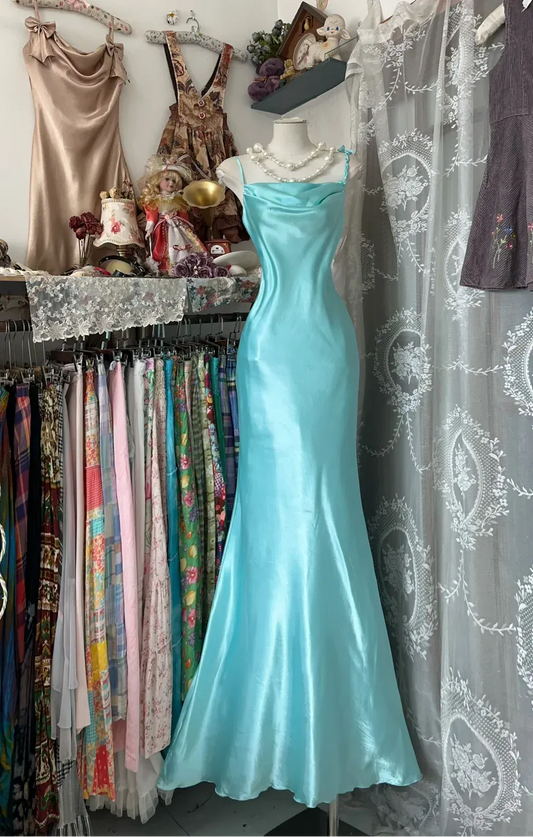 Ethereal Mermaid Cowl-Neck Sleeveless Ruffled Turquoise Maxi Prom Dress for Women ready to ship