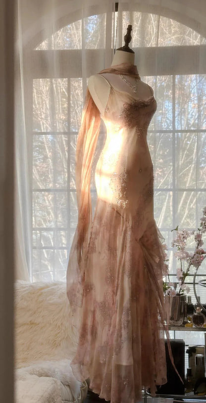 Ethereal Mermaid Cowl Neck Beaded Blush Maxi Party Dress