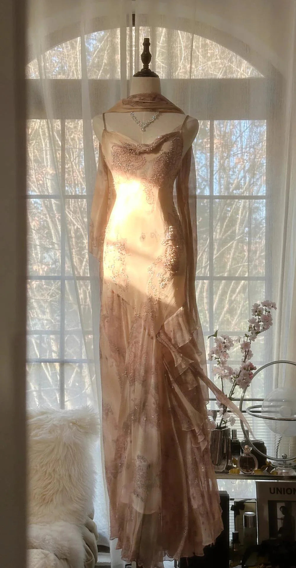 Ethereal Mermaid Cowl Neck Beaded Blush Maxi Party Dress
