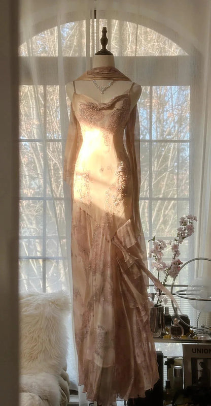 Ethereal Mermaid Cowl Neck Beaded Blush Maxi Party Dress