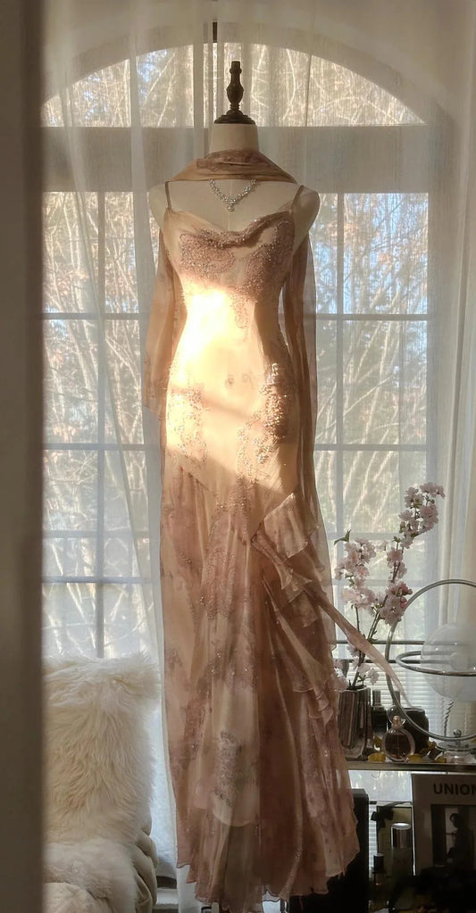Ethereal Mermaid Cowl Neck Beaded Blush Maxi Party Dress